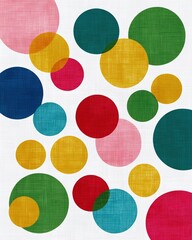 Vibrant abstract circles pattern in playful colors with fabric texture for creative backgrounds and stationery.