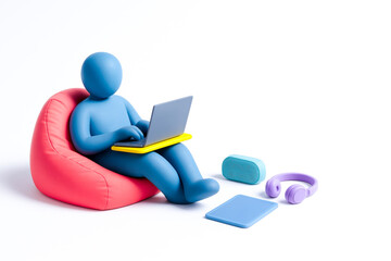Digital figure sitting on pink bean bag chair using laptop with accessories nearby, illustrating modern remote work environment for digital nomads, relaxed and productive atmosphere