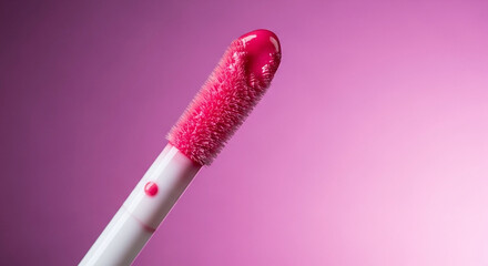 Close-up of pink lip gloss applicator on pink background. Ai generation