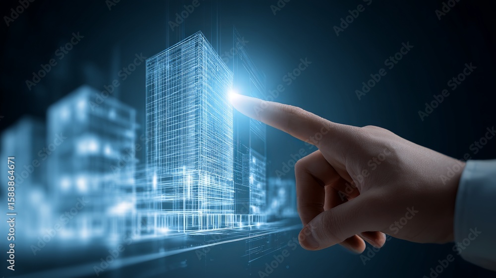 Poster futuristic architectural design shown with building wireframes, augmented reality interface, and tou
