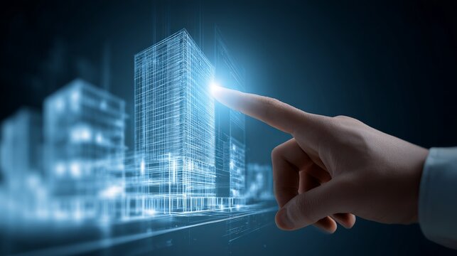 Futuristic architectural design shown with building wireframes, augmented reality interface, and touch interaction in a modern landscape concept.