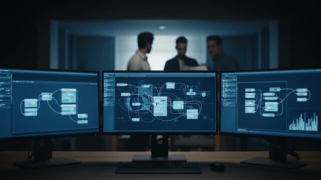 Software Engineers Reviewing Complex Algorithm Flowchart on Multiple Computer Screens in Dark Office