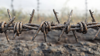 Close-up horizontal Barbed wire with a terrain in the background