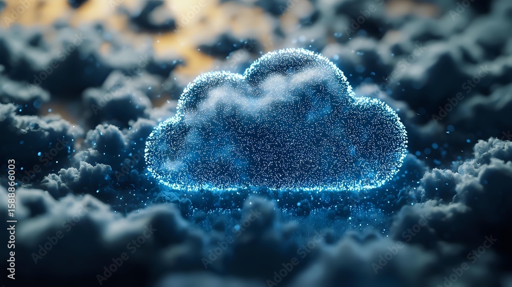 Poster glowing blue cloud symbol floating in dark atmospheric clouds with sparkles and particles, represent