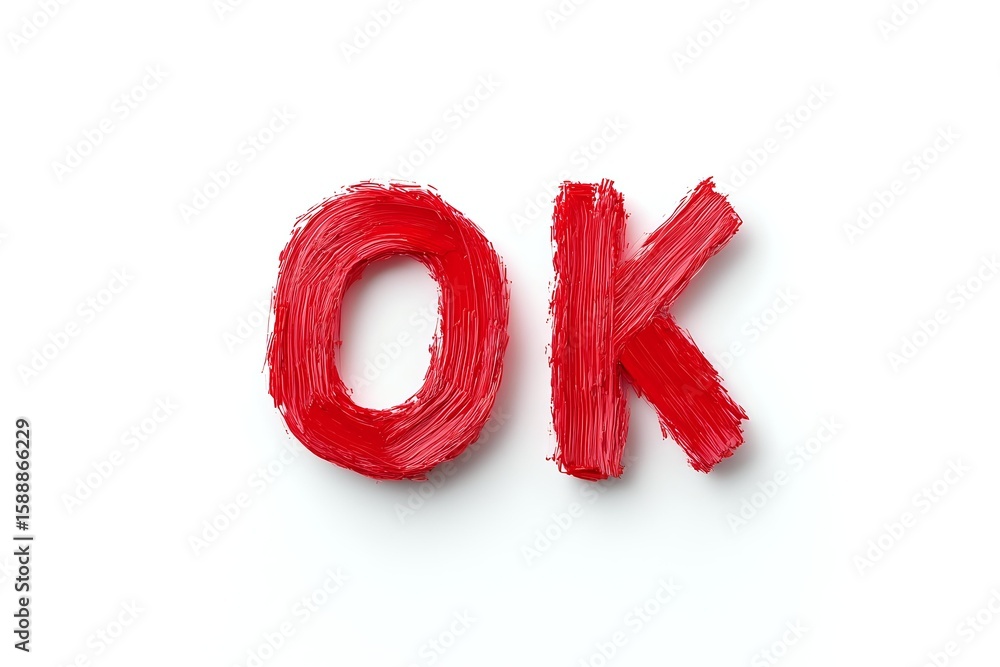 Poster red brushstroke ok text on white background, isolated typography element with textured paint effect 