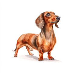 Brown short-haired dachshund illustration, playful sausage dog standing, hand-painted art, white background