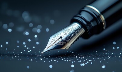 Luxury fountain pen nib with ornate engraving on dark background with bokeh light effects, macro photography capturing fine metallic details and craftsmanship.