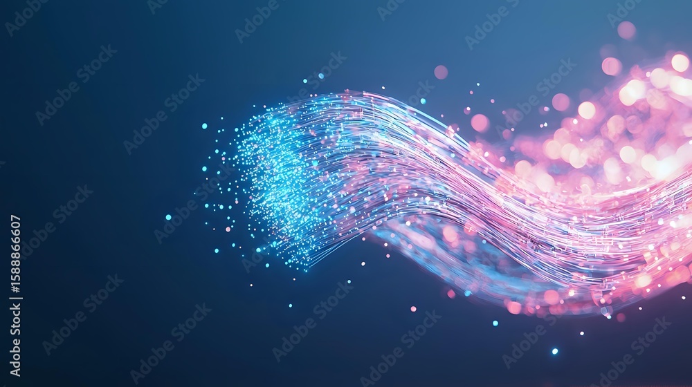 Poster glowing pink and blue particles flowing in wave pattern against dark background, creating magical li