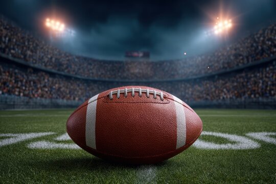 American football on a stadium field under bright lights