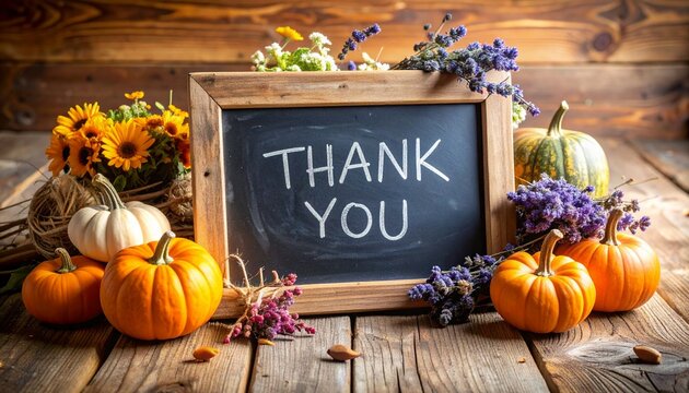 Rustic Chalkboard Thanks: A chalkboard with "Thank You" written in bold white chalk, adorned with dried lavender and twine, under warm indoor lighting, vividly clear. 