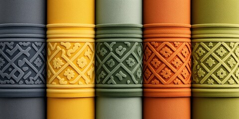 Colorful embossed patterns on rolled textiles in yellow green orange and blue for decorative fabric design.