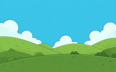 Cartoonish landscape with rolling hills and a clear sky