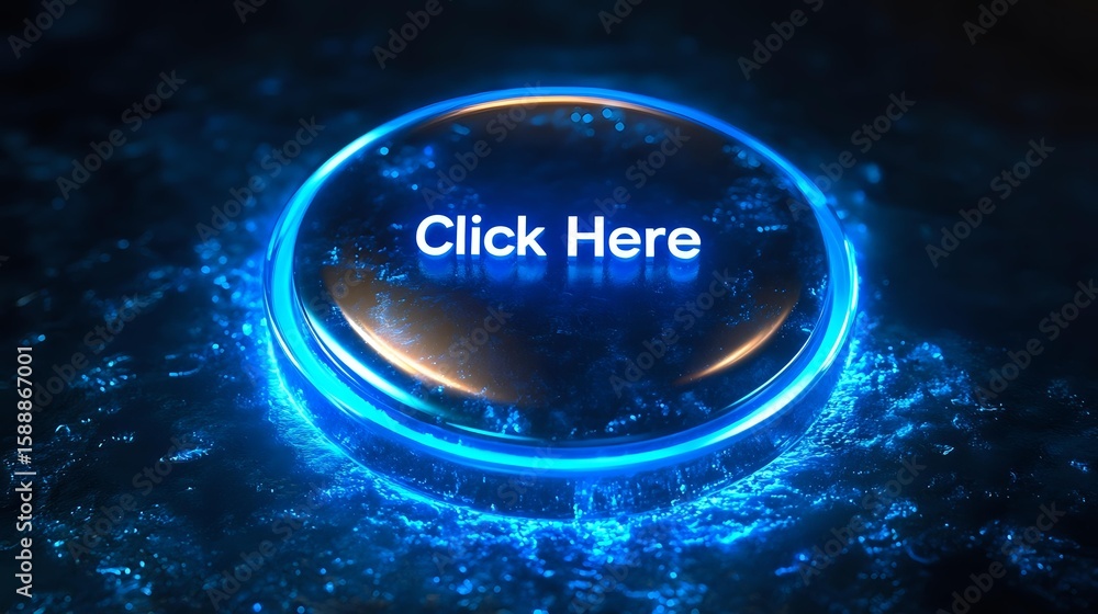 Poster glowing blue circular button with text on dark background surrounded by luminous particles and energ