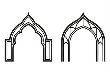 Two gothicstyle arches are depicted in black outline against a white background, suggesting architectural elements