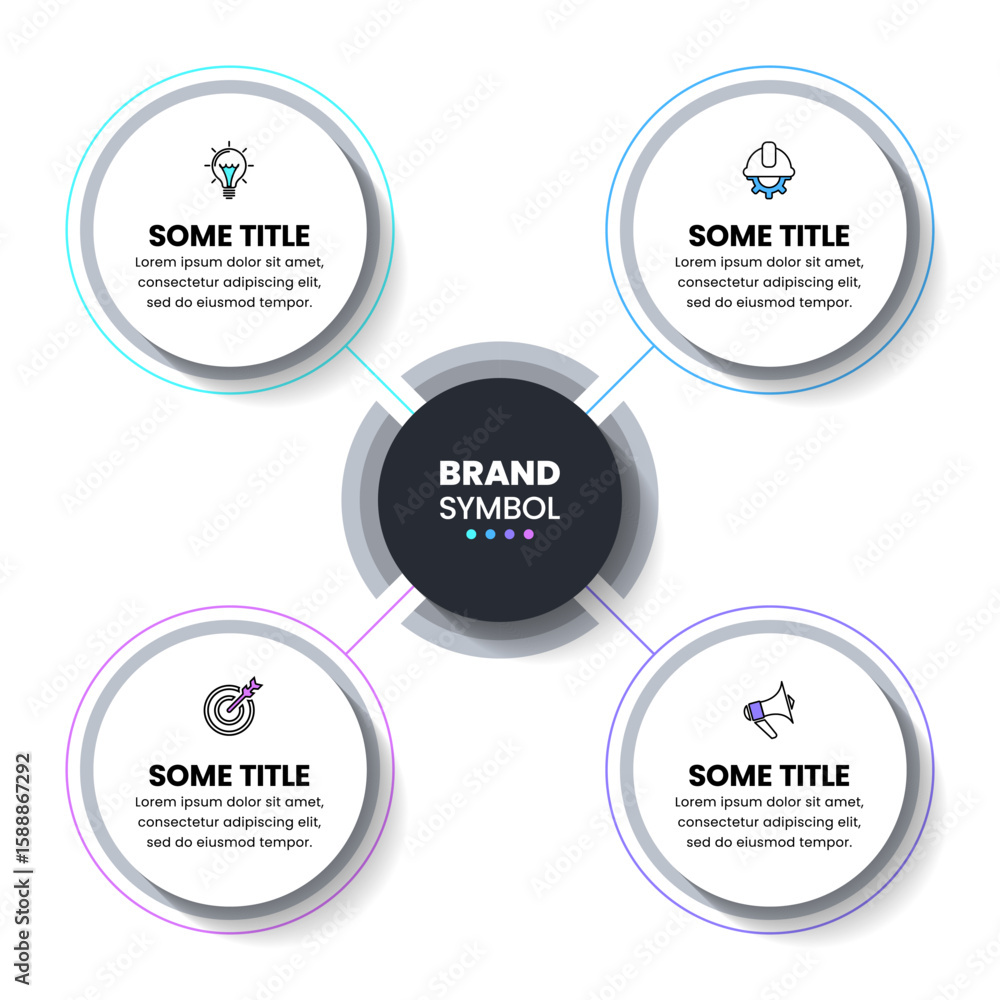 Poster infographic template. connected circles with title in the middle and 4 steps
