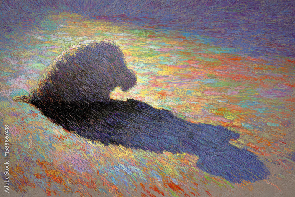 Poster soft blob shape with heavy shadow beneath colorful textured surface abstract art style emotional moo