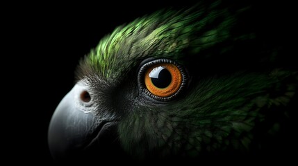 Obraz premium Close-up portrait of green parrot with striking amber eye against dark background, dramatic lighting highlights feather detail and curved beak in moody nature photography.