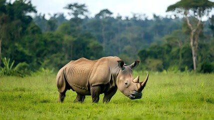 Obraz premium White rhinoceros grazing on green savanna grassland with natural African landscape background, wildlife conservation and endangered species protection.