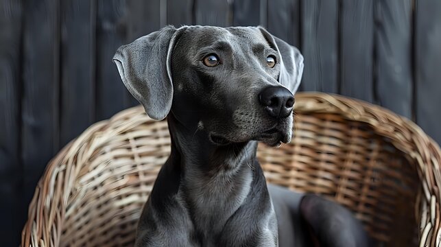 Portrait of attentive Weimaraner dog with silver-gray coat sitting in wicker basket against dark wooden background, showcasing noble profile and alert expression.