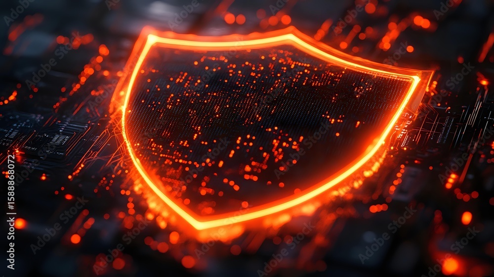 Poster glowing orange shield symbol on circuit board background with digital particles, representing cybers