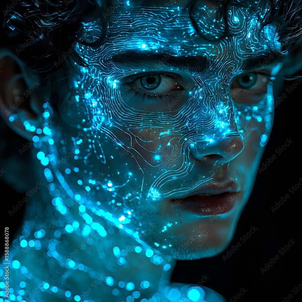 Poster glowing blue circuit patterns projected onto face in dark background create futuristic cyberpunk aes