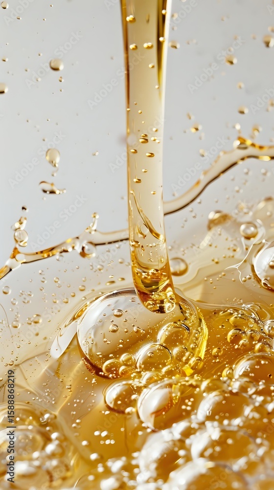 Poster golden liquid stream creating bubbles and splash on surface with dynamic droplet formation, macro ph