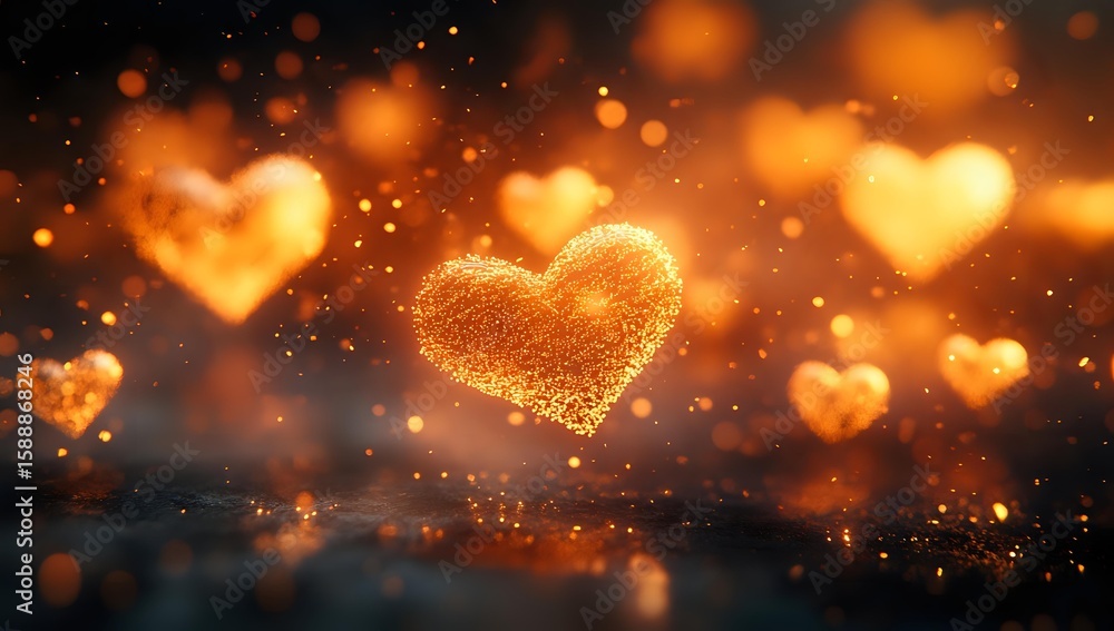 Poster glowing golden hearts with sparkles floating in dark space, romantic bokeh effect creates magical at