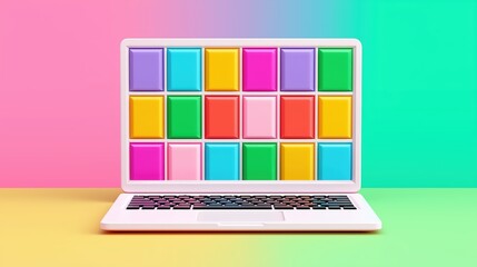 Colorful 3D laptop with vibrant square tiles on pastel gradient background for modern technology concept.