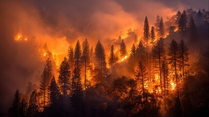 Forest fire consuming a mountainside at twilight.