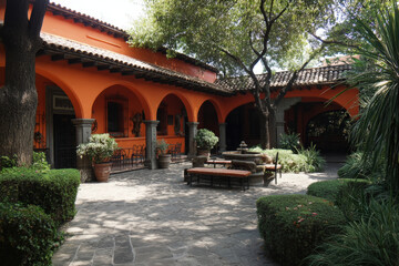 A beautiful outdoor courtyard with stunning orange architecture, lush greenery, and a fountain.