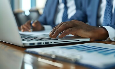 African American businessman typing on laptop keyboard while analyzing financial data and charts at office desk, close-up view of hands working.