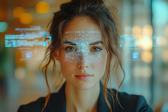 Young Caucasian businesswoman with facial recognition technology grid overlay, digital biometric scanning interface against blurred bokeh background in modern office. - Powered by Adobe