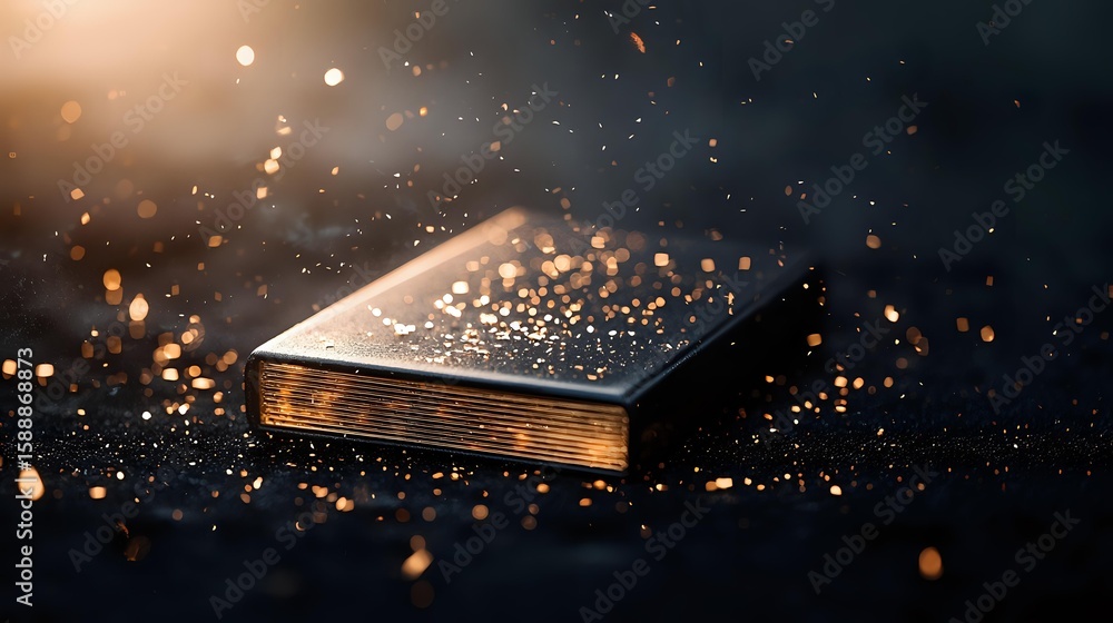 Poster mysterious old book with magical glowing particles floating in dark atmosphere, golden bokeh lights 