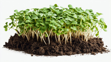 A close up shot of a cluster of green sprouts growing from a small pile of dark brown soil on white