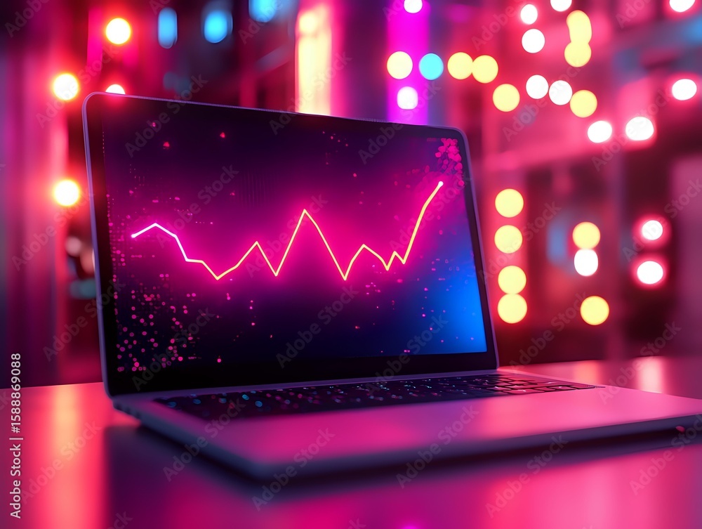 Poster laptop screen displaying glowing pink graph line against dark background with vibrant bokeh lights, 