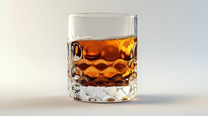 Glass of whiskey or bourbon with geometric cut crystal pattern reflecting warm amber liquid against light neutral background, elegant bar and cocktail styling.