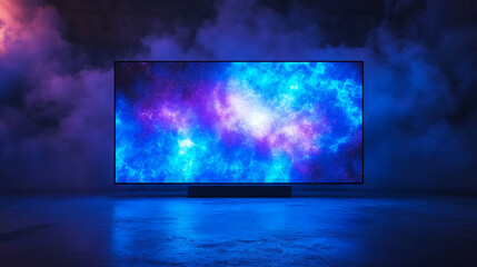 A television displaying a nebula image in a dark room with a blue and purple color scheme and smoke effects
