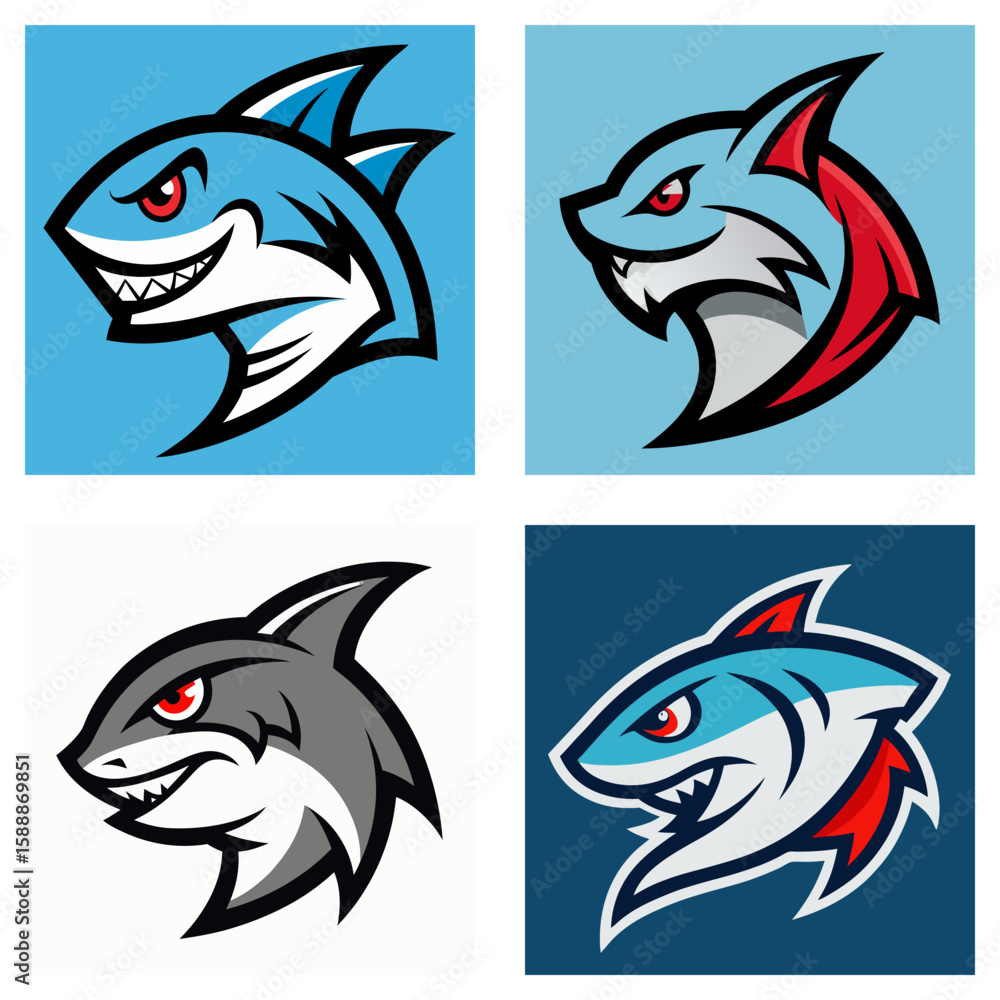 Poster collection of cartoon shark head logos in various color schemes and design styles on square backgrou