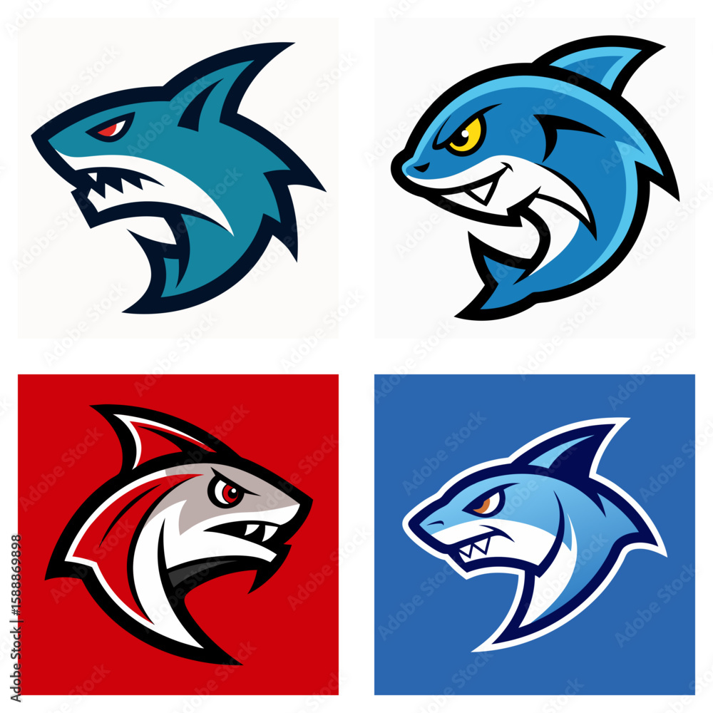 Aufkleber four shark head logos in different color schemes with aggressive expressions and sharp teeth display