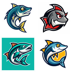 Fototapeta premium Collection of four cartoonish fish designs with various colors and styles on a white background artfully arranged