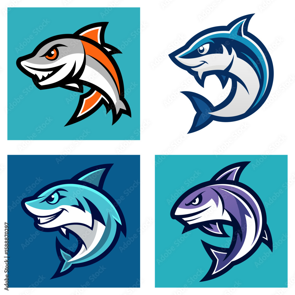 Aufkleber four cartoon sharks in different colors and styles arranged in a square format on a white background