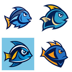 Fototapeta premium Illustration of four cartoon fish designs with blue bodies and yellow fins on a white background