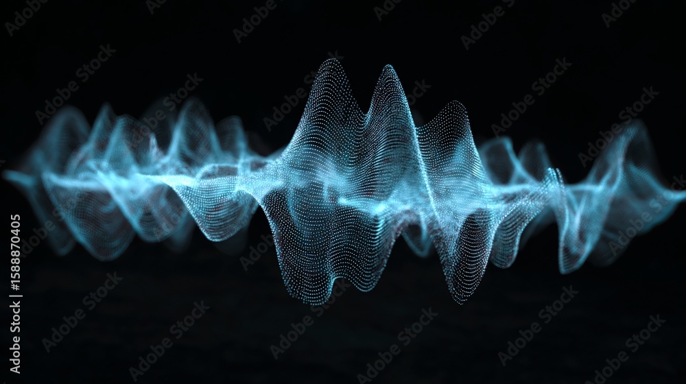 Aufkleber dynamic digital wave pattern of cyan particles flowing and undulating against a dark contrasting bac