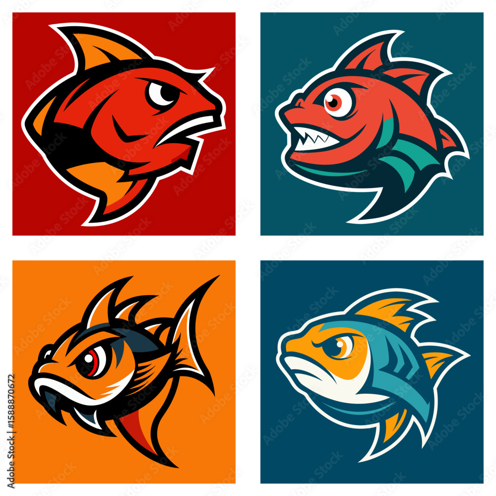 Poster four square images showing stylized fish heads with aggressive expressions and varied color schemes