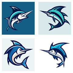 Obraz premium Four stylized marlin fish illustrations with varying color schemes and background shades shown