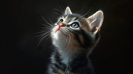 A close up of a tabby kitten looking up with a dark background and bright lighting on the face
