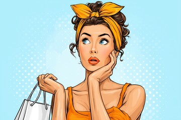 Surprised pop art woman with blue eyes and orange headband holding shopping bag on vibrant dotted background.