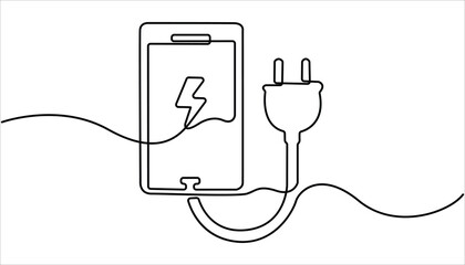 Obraz premium One continuous line drawing of phone charger icon. Lightning bolt symbol and electricity energy type sign in simple linear style. Continuous one line drawing of battery charging Lightning bolt symbol 