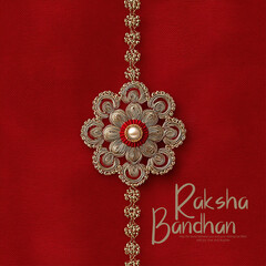 A traditional golden rakhi with red beads elegantly placed on a vibrant red background surrounded by decorative flowers, celebrating the essence of Raksha Bandhan and sibling love.