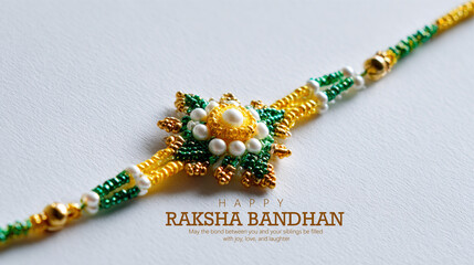 Beautiful Rakhi Bracelet with Intricate Details for Raksha Bandhan Celebration, between brothers and sisters during the auspicious occasion of Raksha Bandhan, celebrating family love and devotion.